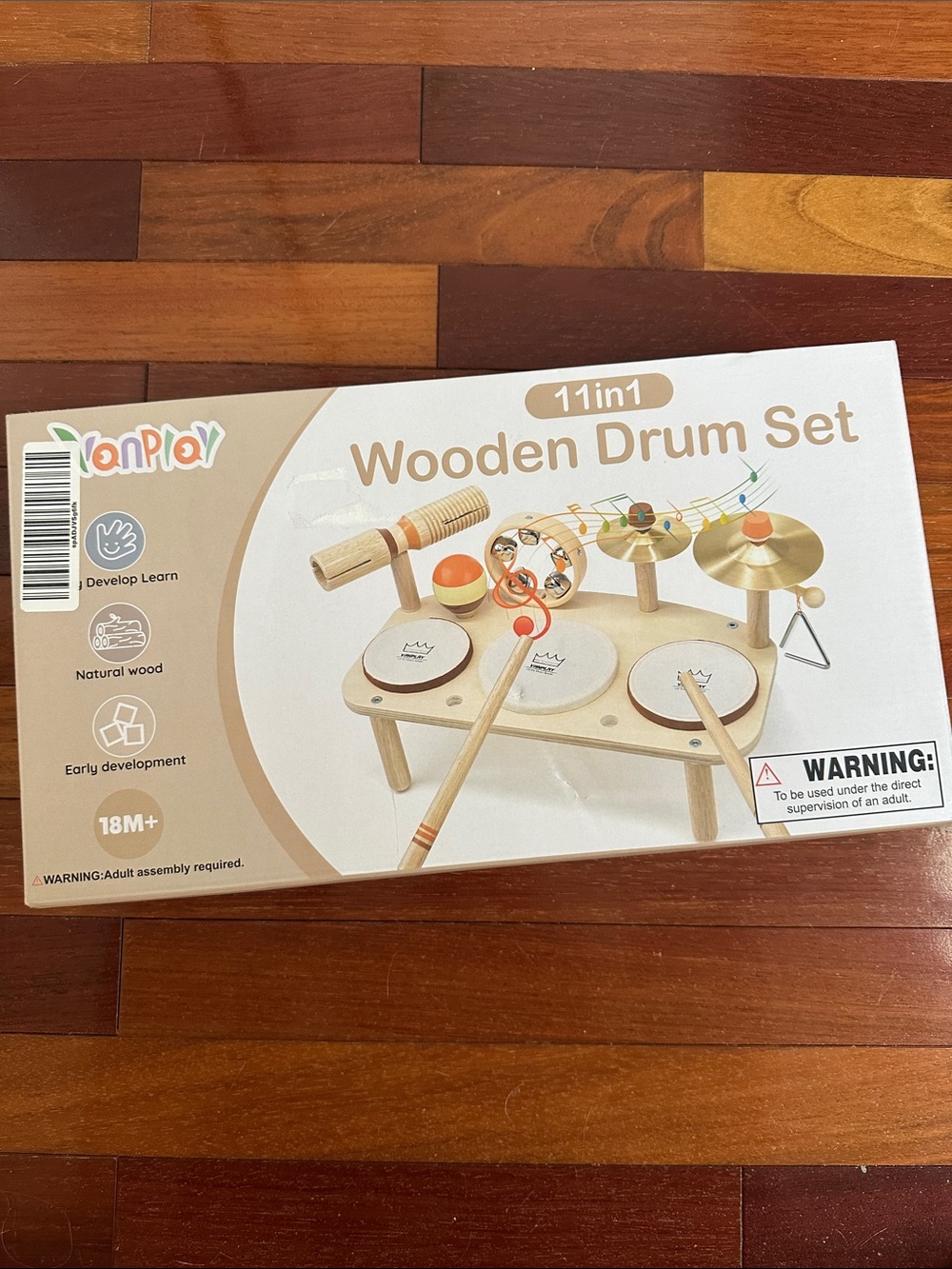 NEW Vanplay 11-in-1 Wooden Drum Set Natural Wood Kids Music Toys 18+ months
